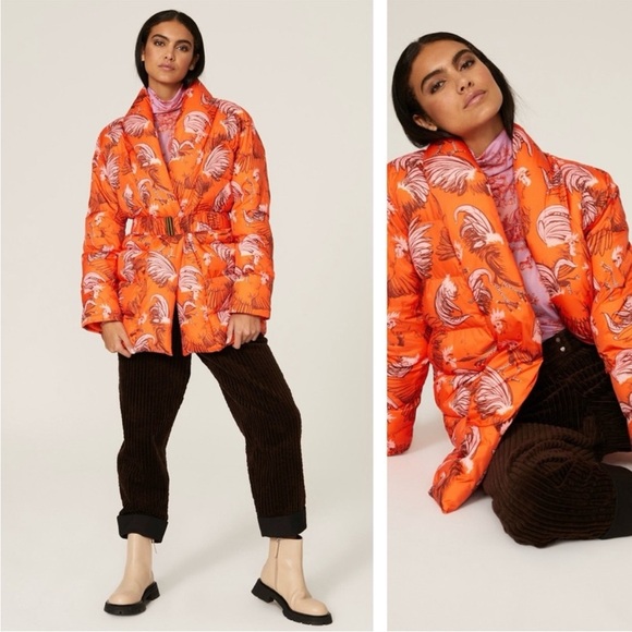 Rachel Antonoff Midi-Length Toni Puffer Jacket Orange Roaster Print - Picture 3 of 16